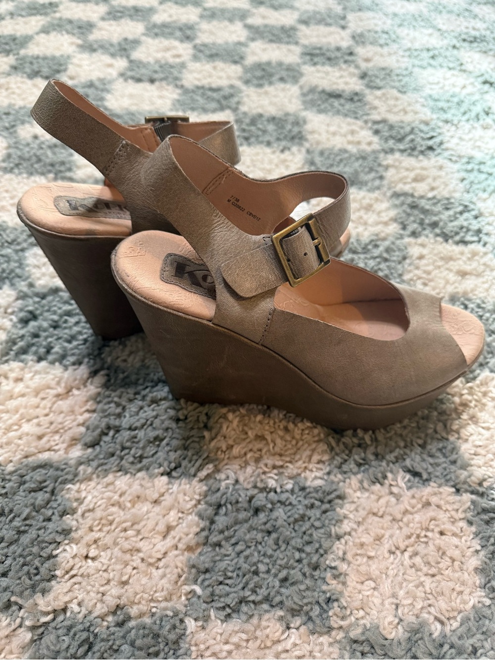 Kork-Ease Taupe Tan Wedge Peep Toe Sandals Ankle Buckle Strap Summer Leather 7